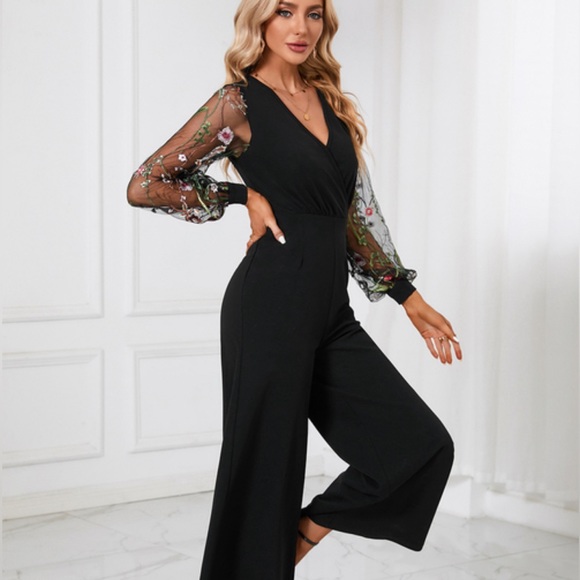 Embroidered V-Neck Elegant Jumpsuit/Pantsuit - Picture 5 of 6